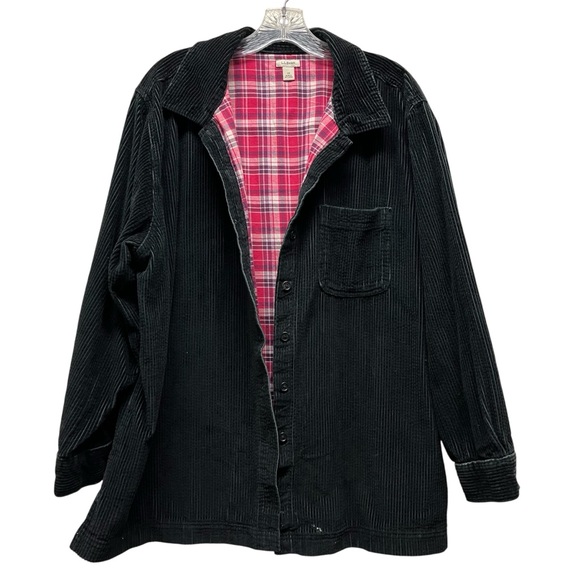 LL Bean Corduroy Shirt Jacket Button Front Plaid Flannel Lined Shacket 1X Black - Picture 1 of 10